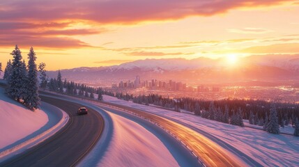 Snowy Mountain Pass with Stunning Sunset Over Urban Landscape