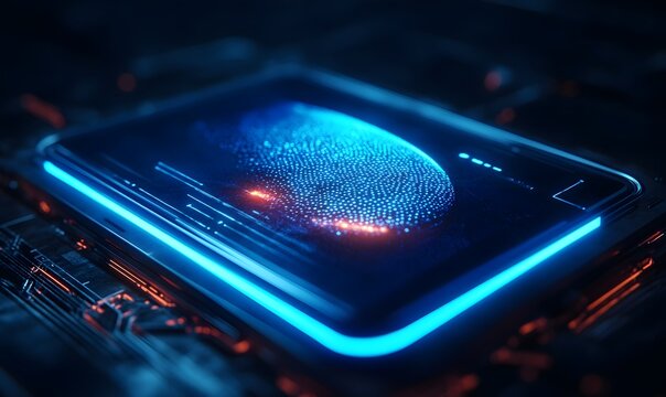 Futuristic fingerprint scanner glowing on a dark tech background, digital technology