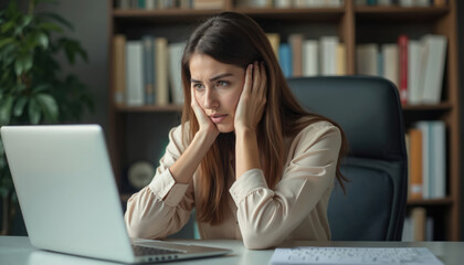 Upset caucasian businesswoman in office with computer error. Woman worker at desk with laptop frustrated by problem, system bug, data loss, low battery issue, lost information. Accident, anger,