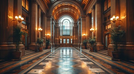 Obraz premium A majestic grand hallway with ornate columns large arched windows and elegant lighting reflects classic architecture