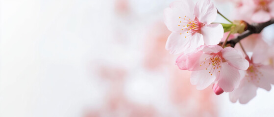 Fototapeta premium Delicate pink cherry blossoms in full bloom on branch with soft focus background