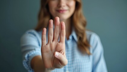 Woman shows stop gesture with her hand. Concept of protection against workplace harassment and violence. Prevention of abuse. Female business professional asks to stop, say no.