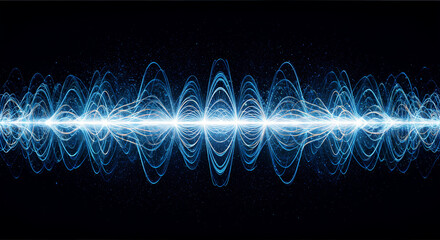 "Digital visualization of sound waves or audio frequency represented by glowing blue and white light patterns against a dark background, creating a symmetric waveform with ethereal quality."
