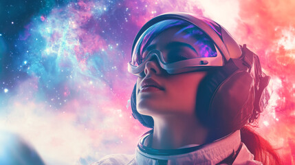 Young caucasian female astronaut in futuristic space gear against colorful nebula