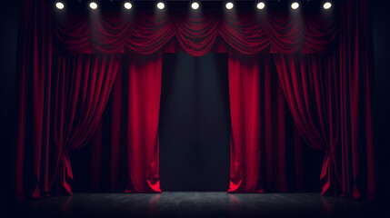 Red theatre stage curtains hanging in a dramatic setting ,  rendering, stage, theatre, red, curtains, dramatic, entertainment