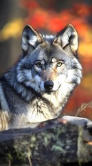 Majestic wolf gazes through the autumn foliage in a serene forest setting at sunset, embodying the spirit of the wild