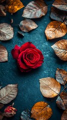 Autumn Red Rose Dark Background.