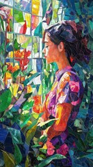 Fototapeta premium Young woman admiring colorful flowers while standing by a sunlit window in a lush garden setting