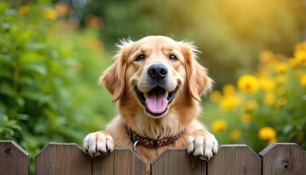 Happy golden retriever dog with paws on wooden fence. Cheerful, joyful expression, collar around its neck. Lush plants, yellow flowers background enhances warm sunny atmosphere. - Powered by Adobe