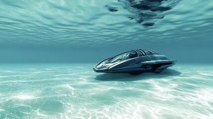Naklejka premium A futuristic underwater transport vehicle traveling through a clear ocean