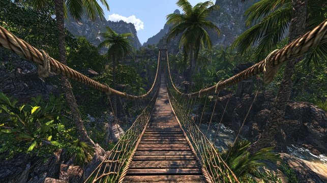 Fototapeta Tropical jungle rope bridge vista