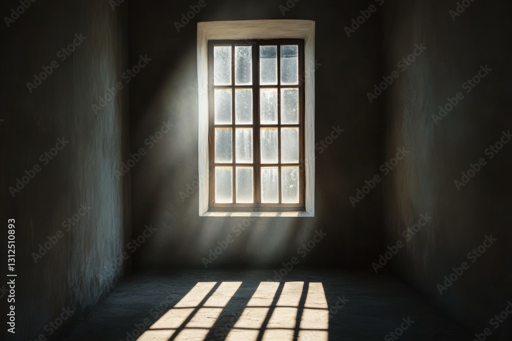 Poster sunlight filters through a weathered window in a dark room, illuminating dust particles and casting 