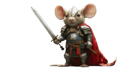 Medieval warrior mouse holding sword and wearing armor on transparent background