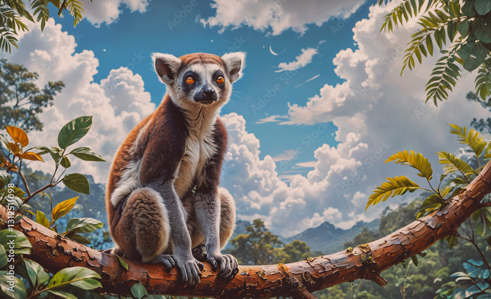 Aufkleber lemur is sitting on a branch in a forest. the sky is cloudy and the sun is shining through the cloud