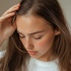 Fototapeta premium woman with long brown hair gently massages her scalp, eyes closed, appearing relaxed. soft lighting highlights her natural complexion and serene expression