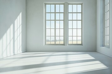 Obraz premium Large windows fill the bright room with natural light, creating soft shadows on the floor and offering a serene view of the outdoor landscape