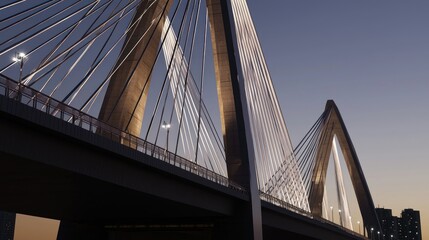 Modern cable-stayed bridge at twilight, city skyline in background.  Possible use architectural, engineering, urban design