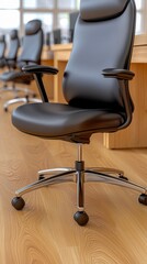 Modern coworking office interior featuring a wooden table and black leather chair with contemporary design elements