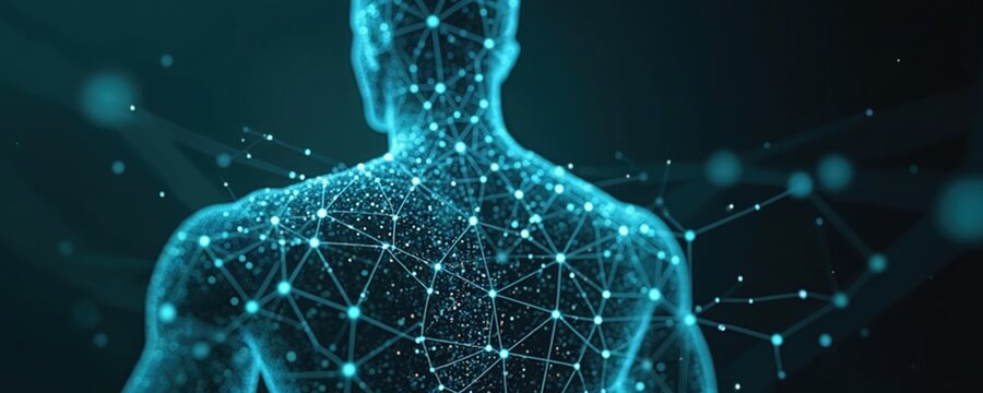 Illustration of human body outline with glowing nodes connected by data streams. It represents wearable devices, health metrics, big data analytics, virtual connection and modern tech.
