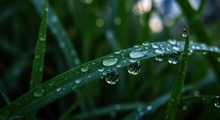 Naklejka premium Water Drops on Green Grass Blade Sparkling in the Morning Light