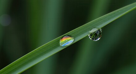 Water Drops on Green Blade with Rainbow Reflection Macro Photography