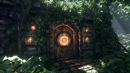 Obraz premium Ancient Stone Gateway to a Hidden Jungle Temple