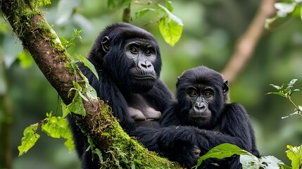 Obraz premium Two Mountain Gorillas Resting on a Mossy Tree Branch in Lush Green Rainforest