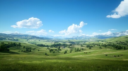 Obraz premium Sunny Day in a Green Valley with Mountains and Grazing Cattle