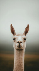 Obraz premium Llama gazes curiously at the camera in a fog-covered landscape during early morning hours Generative AI
