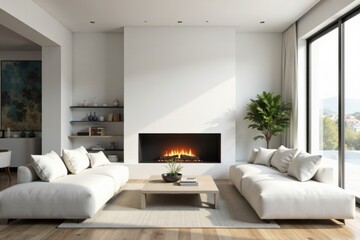 Bright white living space, fireplace, upscale design, interior photography, white living room, white furniture
