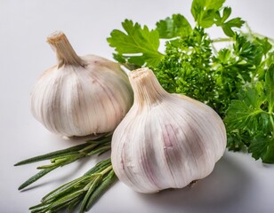 Garlic and Herbs Arranged in Top View Isolated on a White Background