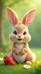 strawberry rabbit sits green grass sweet