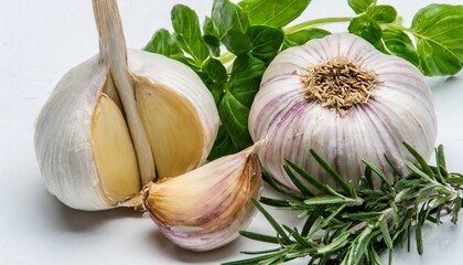 Garlic and Herbs Arranged in Top View Isolated on a White Background
