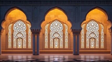 Obraz premium Mosque's windows have beautiful arches and designs that light up at night.