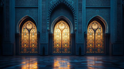 Mosque's windows have beautiful arches and designs that light up at night.