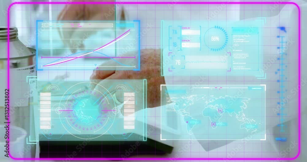 Poster displaying futuristic data interface, graphs and world map in animation background