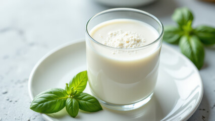 Glass of milk with a frothy top on a white plate, garnished with mint leaves.