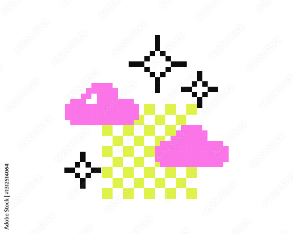 Aufkleber japanese style pixel art decoration. y2k abstract pixels clouds and stars on checked pattern. emoji.