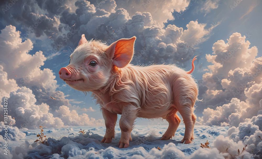 Poster Pig is standing on a snowy field with clouds in the background. The pig is looking up at the sky, and the clouds are dark and ominous. Scene is one of mystery and foreboding