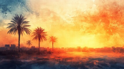 Artistic sunset scene shows palm trees silhouetted against vibrant sky colors