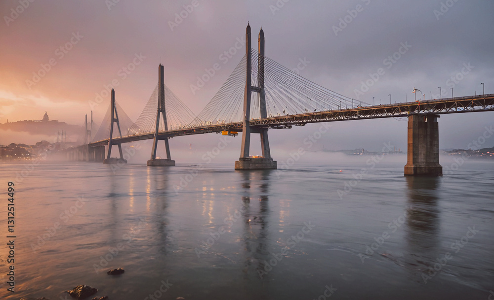 Poster Bridge spans a river with fog in the background. The bridge is illuminated by lights, and the water is calm