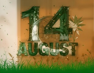 14 August typography with brown, white and green background.