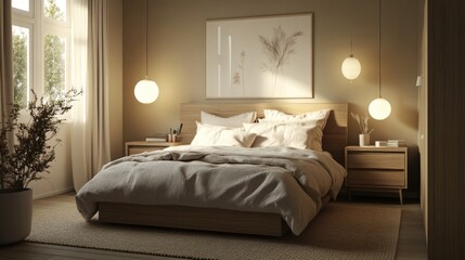 Modern bedroom with neutral tones and natural light features calming ambiance