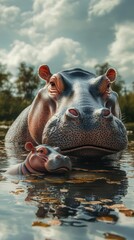 Fototapeta premium Hippos basking in the water during a sunny afternoon in a lush wetland habitat