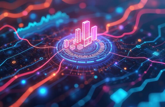 Abstract tech image displays data analytics, gaming innovation. Artificial intelligence optimizes player behavior trends. Digital network, glowing circuits, processing information. Perfect futuristic
