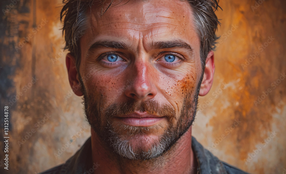 Poster Man with a beard and blue eyes is smiling. He has a blue shirt on. The man's face is the main focus of the image