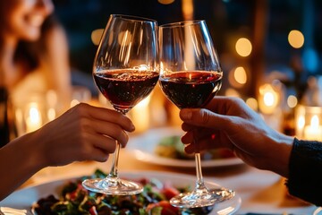 Wine Toast: A couple's hands raise crystal wine glasses in a celebratory toast during a romantic dinner, under the warm glow of soft lighting.