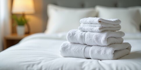 Fresh white towels neatly folded on a bed during housekeeping, interior, attention