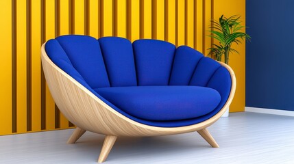 Blue chair in a modern office lounge with plant and large windows providing natural light
