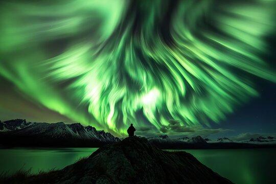 Majestic Aurora Borealis Display over Serene Mountain Lake Dramatic Night Sky Green Lights Northern Lights Nature Photography Breathtaking Landscape   - Powered by Adobe